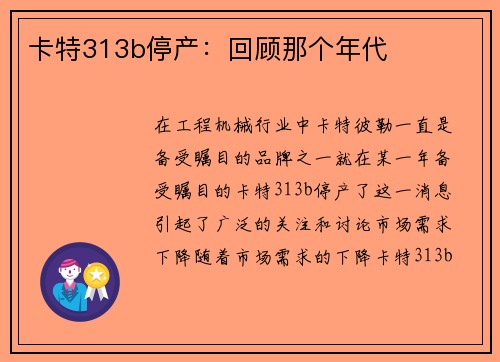 卡特313b停产：回顾那个年代