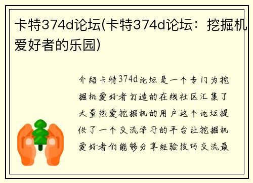 卡特374d论坛(卡特374d论坛：挖掘机爱好者的乐园)